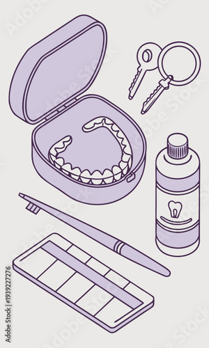 Dental Care Essentials Clear Aligners Toothbrush Mouthwash and Keys.