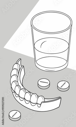 Dental night guard with pills and a glass of water for oral health.