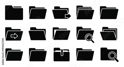 Collection of black folder icons with arrow and magnifying glass silhouette