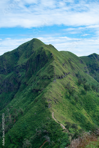 Mountain ridge hiking trail under blue sky in tropical forest.