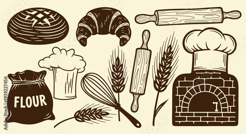 Vintage Bakery Elements Collection Featuring Bread Croissant Rolling Pins Whisk Flour Bag and Oven
