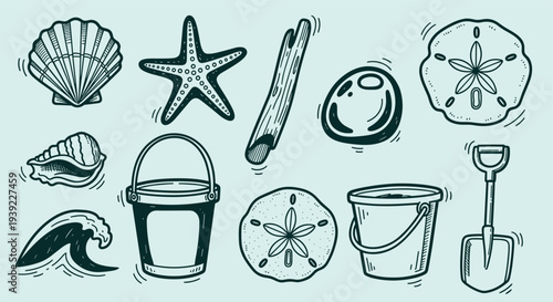 Collection of beach and ocean related icons and drawings including shells, starfish, buckets, shovel, sand dollar, and wave