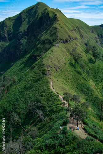 Mountain ridge hiking trail under blue sky in tropical forest.