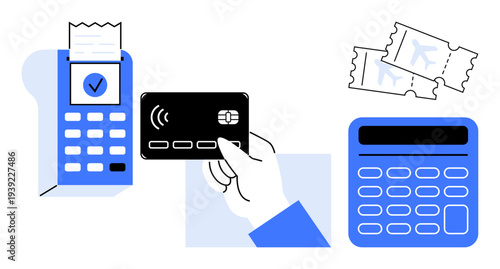 Financial transactions, travel arrangements, e-commerce, mobile payments, budgeting, contactless technology. Hand holding a card near a POS machine, calculator and tickets. Financial