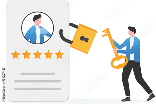 Businessman Using Key to Unlock Five Star User Profile
