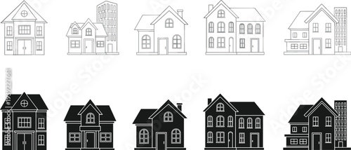 Set of houses outline and black filled silhouettes various architectural styles vector