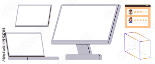 Online learning, user interface, technology, device design, web development, product review. Several screens, user profiles rating window and 3D box design. Online learning and user interface