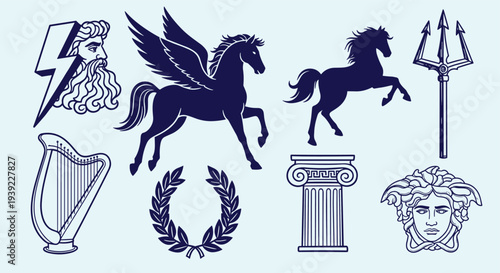 Collection of Greek Mythology Symbols Pegasus Zeus Trident Harp Laurel Wreath Corinthian Column Medusa Head