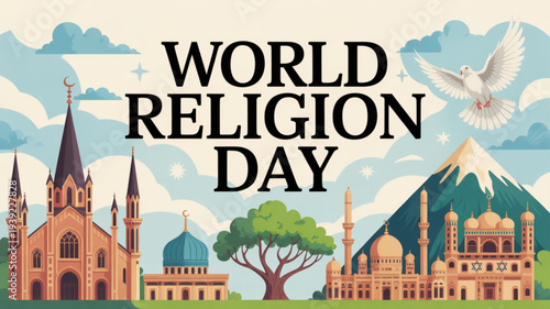 World Religion Day Illustration with Places of Worship.