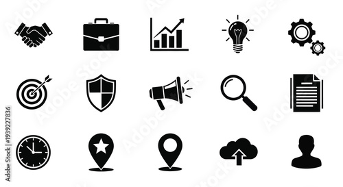 Business concepts and icons displayed as a dark silhouette