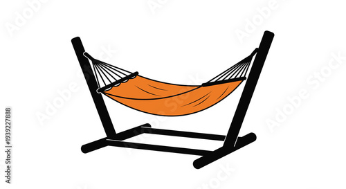 Orange hammock suspended between a dark wooden frame a bold silhouette