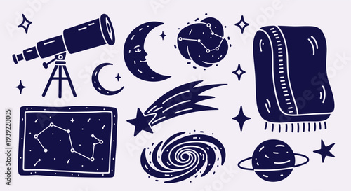 Whimsical Celestial Night Sky Elements Telescope Moon Stars Constellations Galaxy and Planets Collection