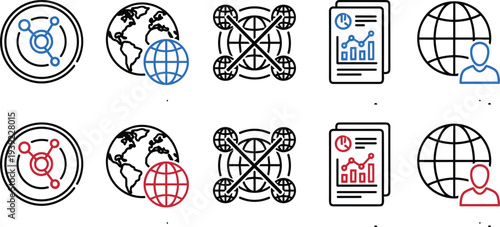 Global business technology icons set featuring world maps and analytics charts for data visualization