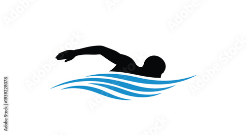 Swimmer in motion across blue waves a striking silhouette