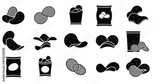 Various potato chip shapes and packaging in a black silhouette