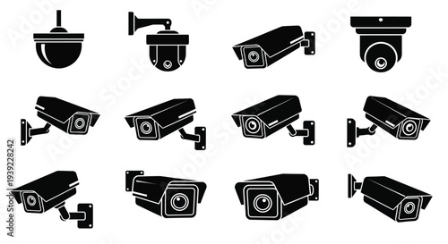 Various security camera designs displayed in a black silhouette