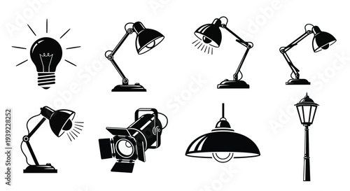 Various lamps and a lightbulb depicted in a dark striking silhouette