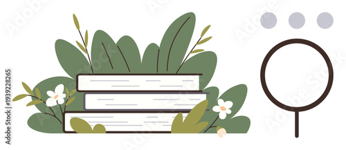 Education, knowledge, research, study, learning, reading. A stack of books with surrounding greenery and flowers beside a magnifying glass and dots. Education and knowledge concept