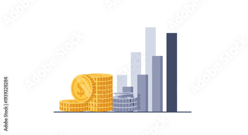 Financial growth is illustrated with coins and bar graphs silhouette