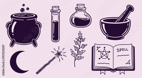 Mystical witchcraft symbols and tools for magic rituals and potions on a light background