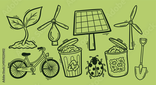 Green energy and sustainability concept art with renewable resources and eco friendly lifestyle elements