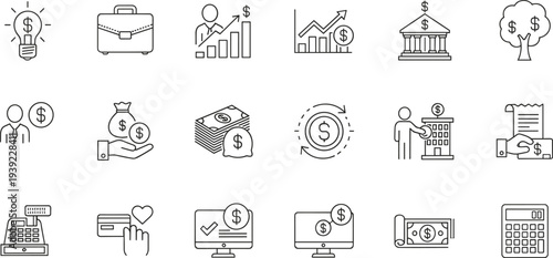 Line art icons representing finance and business like lightbulb briefcase money and calculator