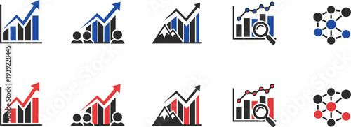 Financial growth charts and network diagrams with people icons blue red and black on checkered background