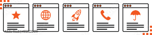Set of five web page interface elements with icons like star, globe, rocket, phone, and umbrella on checkered background