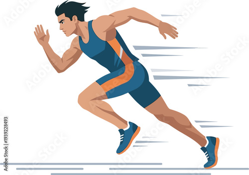 Flat vector illustration of a male sprinter in a blue and orange singlet, running with dynamic motion trails. Perfect for track and field branding and athletic graphic design.