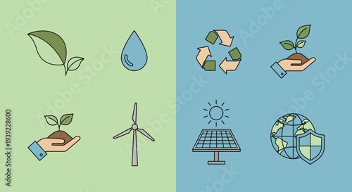 Environmental icons representing sustainability and renewable energy silhouette