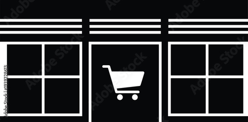 Modern storefront shop building exterior icon with shopping cart symbol on dark background silhouette
