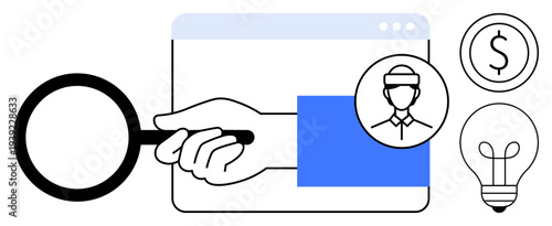 User identification. Magnifying glass highlighting user profile for identity verification. Ensuring secure transactions and preventing fraud. For tech, finance, data security, and authentication