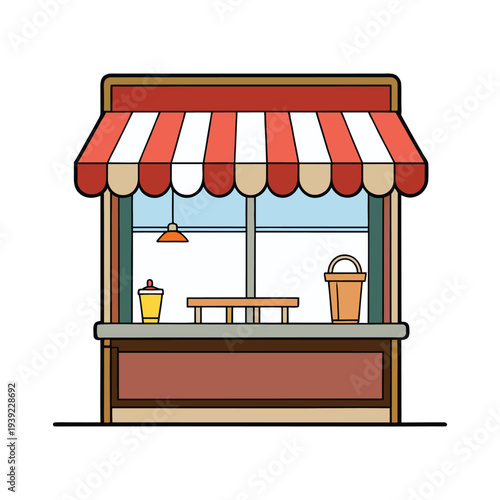 International coffee day street cafe stall with striped awning icon