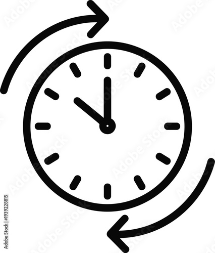 Clock with arrows indicating time passing, concept of past present future and rotation