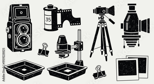 Vintage Photography Equipment Collection Retro Darkroom Tools and Supplies for Analog Photography Enthusiasts