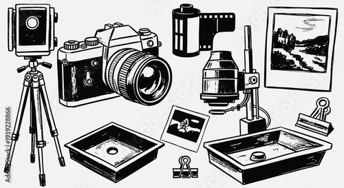 Vintage Photography Equipment Collection Featuring Camera Tripod Developing Trays and Film for Creative Hobbyists and Darkroom Enthusiasts