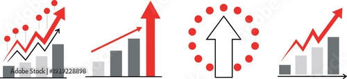 Financial growth and success bar charts with rising red arrow pointing up for economic development