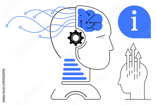 Artificial intelligence concept. Artificial intelligence ed by human head, brain network, and information symbols. Artificial intelligence for technology, education, data flow, innovation, AI