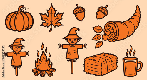 Autumn Harvest Icons Featuring Pumpkin Scarecrows Acorns Cornucopia Hay Bale and Hot Drink on Beige Background
