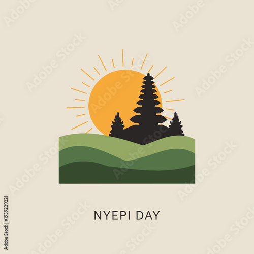Nyepi Day Bali Temple Silhouette Sunrise Green Hills Landscape Illustration