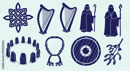 Ancient Celtic Symbols and Artifacts Collection Featuring Knotwork, Harps, Druids, Standing Stones, Torc Necklace, Shield, and Mistletoe Branch