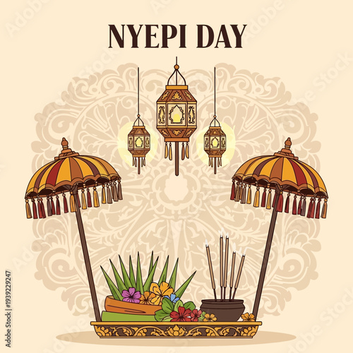 Nyepi Day Bali Indonesia Traditional Offerings and Lanterns
