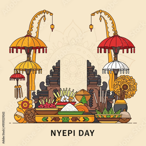 Nyepi Day Bali Indonesia Offerings and Temple Gate Illustration