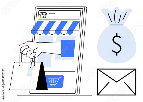 E-commerce, digital shopping, online payments, delivery services, financial transactions, retail business. A smartphone with a hand holding shopping bags, a money bag and an envelope. E-commerce