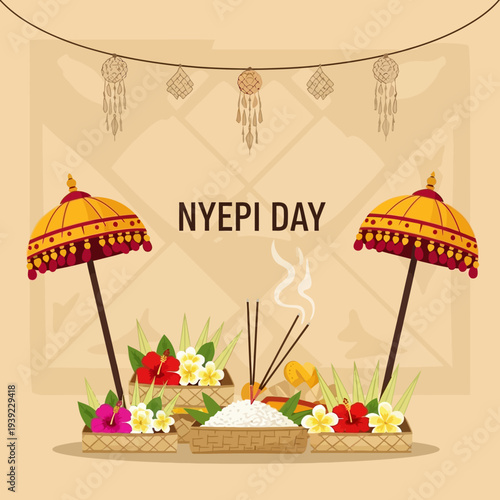 Nyepi Day Bali Indonesia Celebration Offerings and Umbrellas
