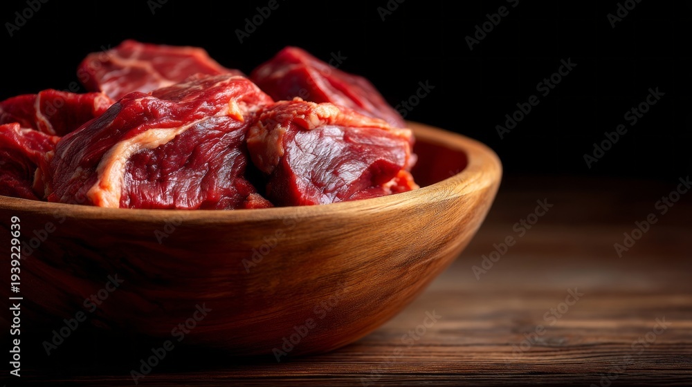 Obraz premium Raw meat pieces gleam in a wooden bowl