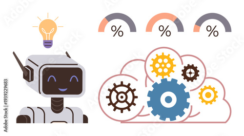Automation technology, innovation, machine learning, data analysis, process optimization, AI interaction. A smiling robot with gears, cloud and data visuals. Automation and innovation concepts