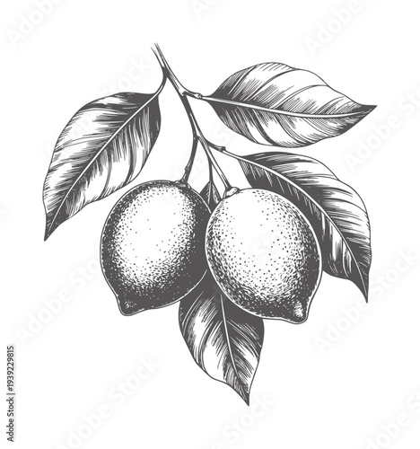 Black and white botanical of two lemons a branch with leaves fruit