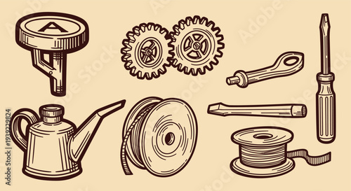 Vintage mechanical tools and components including gears oil can screwdriver and spools of wire and ribbon for industry and repair