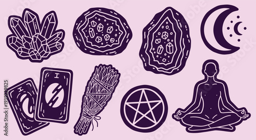 Esoteric symbols and tools for spiritual practice including crystals tarot cards sage bundle pentagram moon and meditating person
